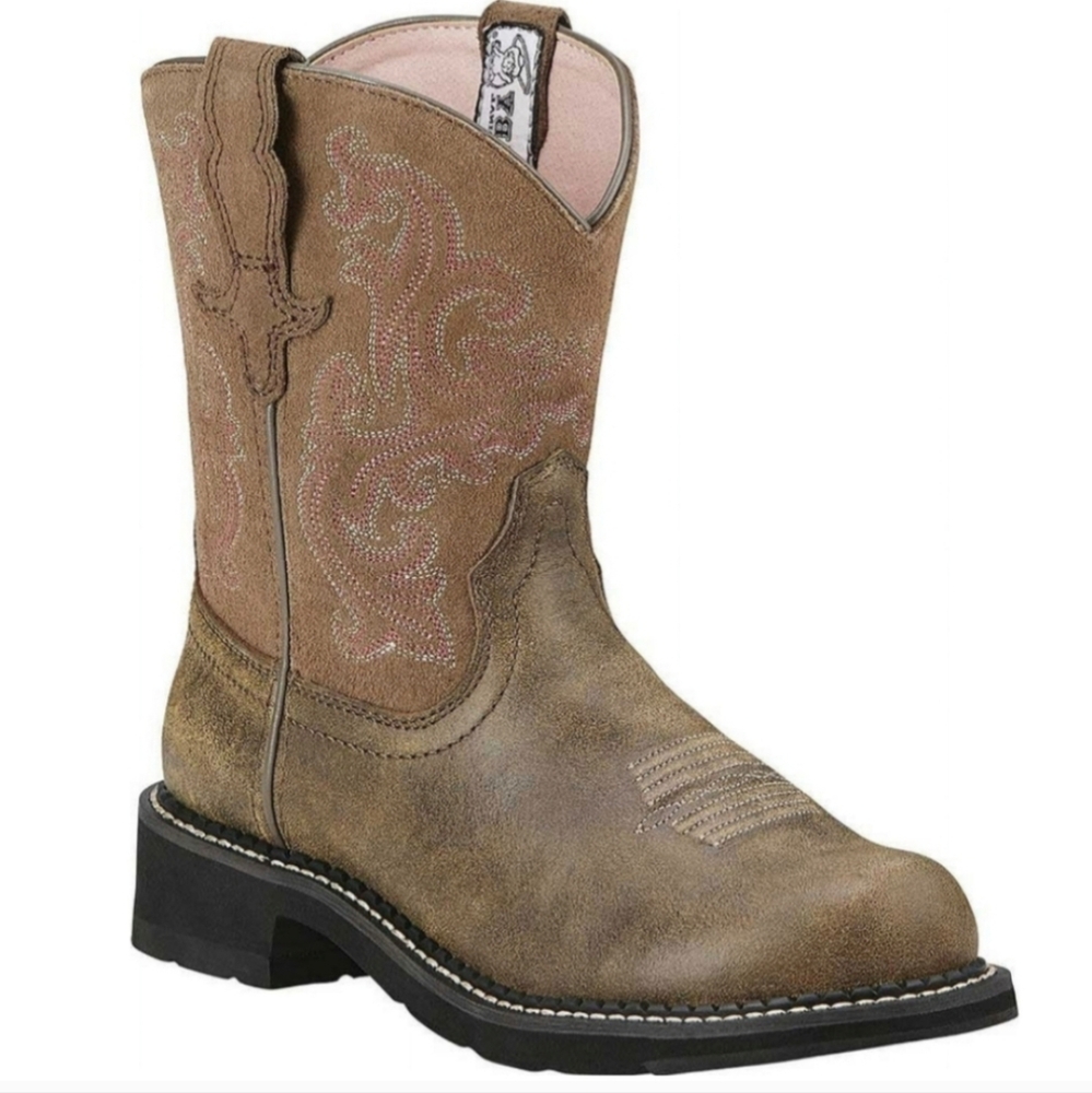 Ariat Brown Suede Western Heeled Work Boot with Pink Embroidery
